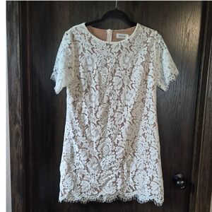Space 46 White Floral Lace Shift Dress Tan Lining Short Sleeve Eyelash Trim M